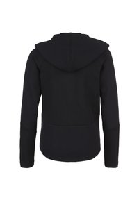 Black hooded sweatshirt with textured mesh back, long sleeves, and kangaroo pocket. Smooth front, features contrasting fabric accents.