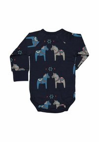 Marinblå långärmad bodysuit med ett upprepat mönster av stiliserade hästar i blått och grått med blommiga och hjärtformade detaljer. Mjuk bomullsmaterial.