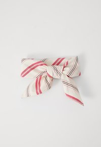 Gestreepte hair tie in roomkleur met roze en grijze strepen. Heeft een oversized strikontwerp met een knoop in het midden en vloeiende uiteinden.