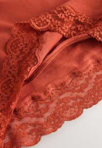 Ropa interior de encaje color óxido con ribete de patrón floral y detalles en tela suave sobre un fondo liso.