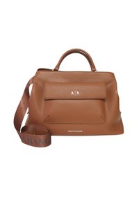 Borsa a mano in pelle marrone con forma strutturata, tasca frontale e doppi manici. La tracolla regolabile presenta il marchio "ARMANI EXCHANGE".