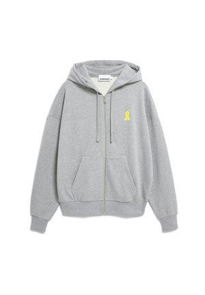 Hellgrauer Kapuzenpullover mit Reißverschluss, einer Vorderseite mit Tasche, Kordelzug am Kapuzenrand, gerippten Bündchen und einem kleinen gelben Schleifenlogo auf der linken Brust.