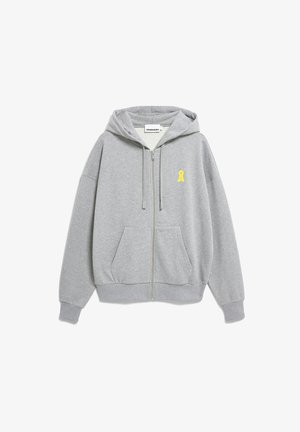 Hellgrauer Kapuzenpullover mit Reißverschluss, einer Vorderseite mit Tasche, Kordelzug am Kapuzenrand, gerippten Bündchen und einem kleinen gelben Schleifenlogo auf der linken Brust.