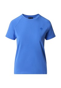 T-shirt blu a girocollo realizzato in tessuto misto cotone. Presenta maniche corte a raglan e un piccolo logo circolare sul petto.