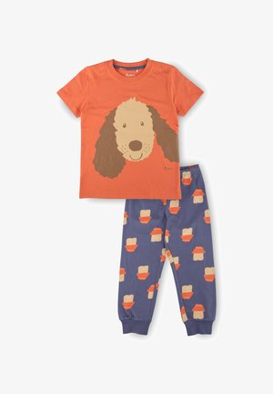 T-shirt en coton orange avec un graphique de chien marron. Pantalons de pyjama bleus avec un motif répétitif de gamelles de chien rouges et crème. Texture douce.