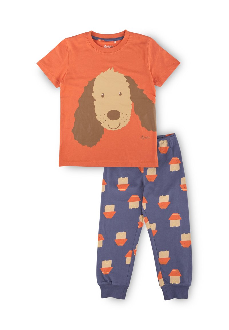 Orange cotton t-shirt featuring a brown dog graphic. Blue pajama pants with a repeating pattern of red and cream dog bowls. Soft texture.