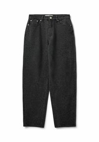 Črne jeans hlače iz denima z diskretnim vzorcem leoparda, naravnavo ravnih nog, petimi žepi in kovinskimi dodatki.