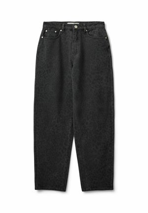 Black denim jeans featuring a subtle leopard print pattern, straight leg design, five-pocket style, and metal hardware accents.