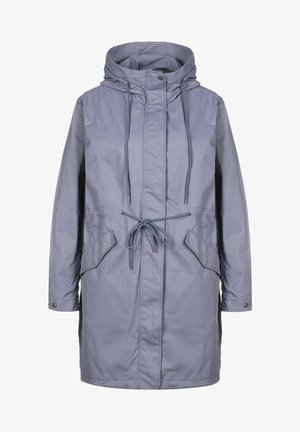 Long imperméable violet clair à capuche, avec cordons de serrage à l'avant, poches à rabat, poignets boutonnés et fermeture pression devant.