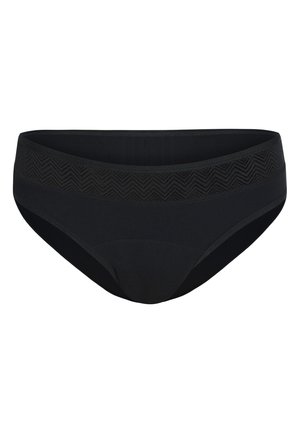 Black bikini bottom featuring a textured zigzag elastic waistband, smooth fabric, and full coverage design with a seamless finish.