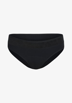 Bas de bikini noir avec une ceinture élastique texturée en zigzag, tissu lisse et un design couvrant entièrement avec une finition sans couture.