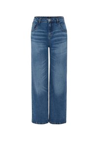 Wide-leg denim jeans in a faded blue wash. Features a high waist, button closure, and traditional five-pocket styling. Smooth texture.