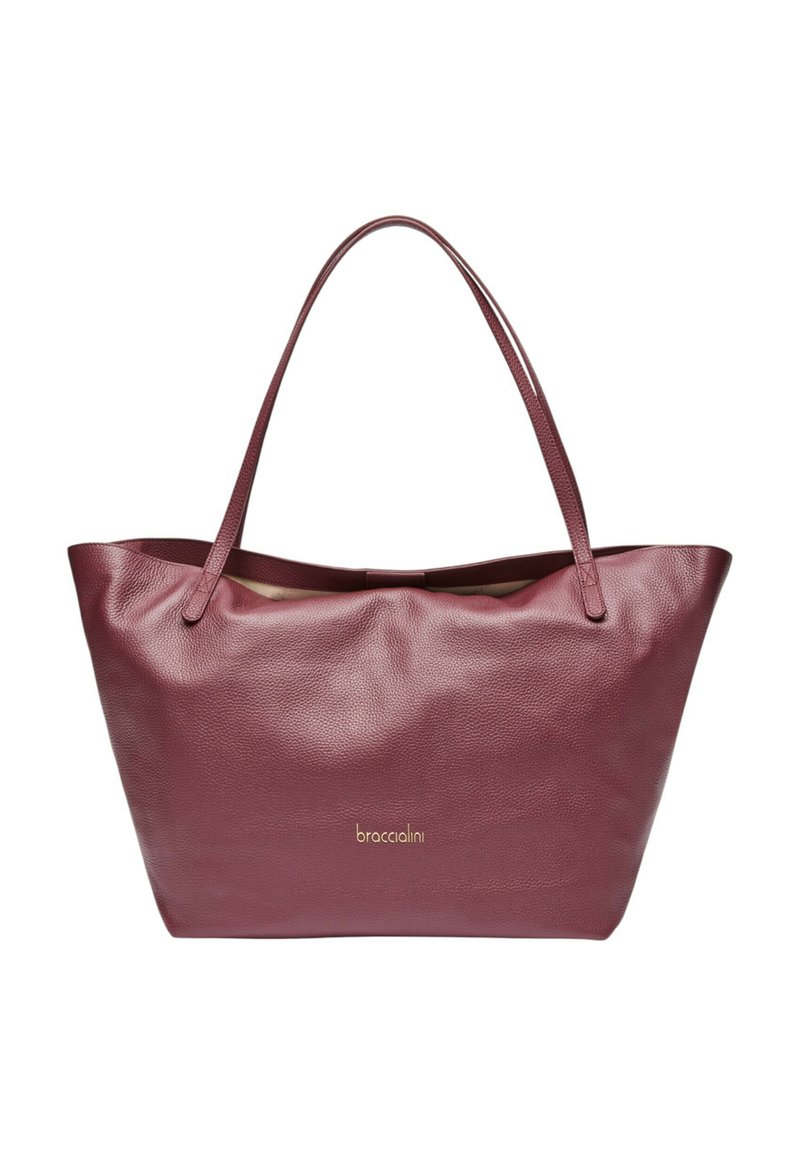 Borsa tote in pelle color marrone scuro con texture liscia, due manici lunghi e design minimalista; presenta un logo discreto sul davanti.