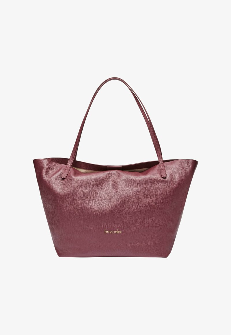 Borsa tote in pelle color marrone scuro con texture liscia, due manici lunghi e design minimalista; presenta un logo discreto sul davanti.