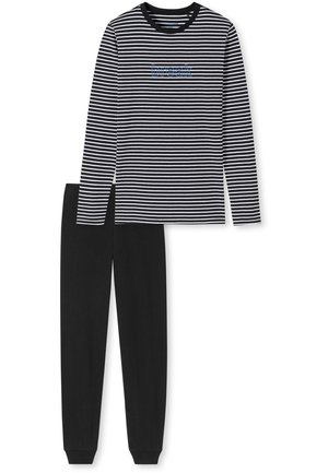 Sort og hvid stribet bluse med lange ærmer, rund hals og "break" tekstdetalje, parret med ensfarvede sorte bukser med elastiske manchetter.