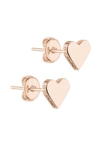 Hartvormige oorbellen in roségoudkleur, met een gepolijste oppervlakte en een klein gegraveerd detail aan de zijkant. Ontwerp met een post-back sluiting.