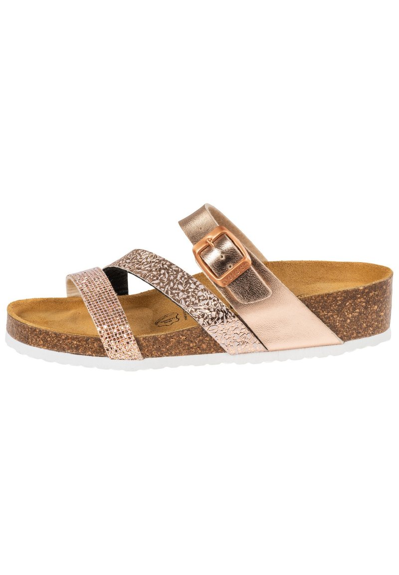 Sandalia deslizante en oro rosa con correas texturizadas, acentos brillantes y una suela parecida a corcho. Cuenta con una hebilla para ajuste y una suela de color claro.