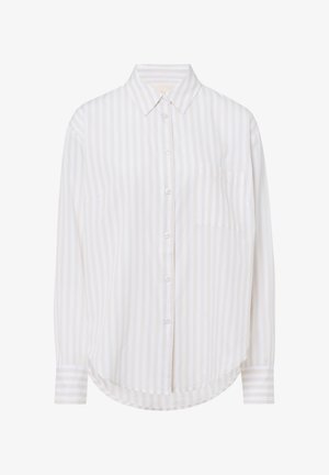 Witte overhemden met lichtbeige verticale strepen, zachte stof, lange mouwen en een borstzak. Gebogen zoom, kraagontwerp.