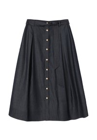 Ciemnogranatowa spódnica o kroju litery A z przednimi złotymi guzikami, pasem z tego samego materiału wiązanym w talii oraz przeszyciami przy dolnym brzegu.