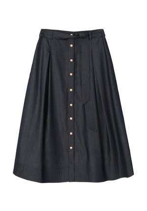 Dunkelblaue Jeans-Rock in A-Linie mit goldfarbenen Knöpfen vorne, einem passenden Stoffgürtel, der in der Taille gebunden ist, und gesteppten Details entlang des Saums.