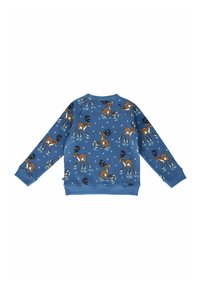 Zila kapuce ar reinda zīmējumu, kas slido uz ledus ar baltām sniegpārsliņām. Izgatavota no mīksta auduma, ar ribinātām piedurknēm un apakšmalu.