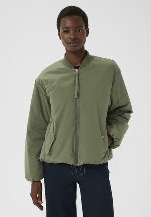 Olive green bomber jacket with a zip front, ribbed collar, and two side pockets. Features a relaxed fit and elasticized cuffs and hem.