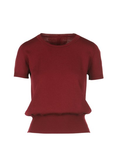 Burgundi spalvos trumpomis rankovėmis megztinis su apvaliu iškirpimu, raukšlėtu apačiu ir laisvu siluetu. Pagamintas iš minkštos mezgimo medžiagos. Paprastas, vientisas dizainas.