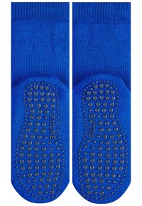 Calcetines azules con empuñaduras de goma texturizadas en las suelas, que presentan un patrón de punto y un diseño de punta redondeada, adecuados para un uso antideslizante.