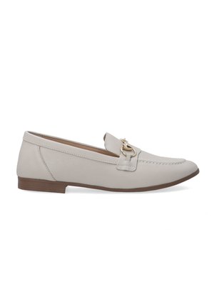 Læder loafers i lysegrå med syede detaljer, en dekorativ rem og små hardware accent, der har en lav hæl og rund tå.