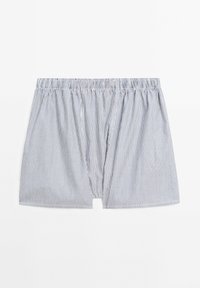 Boxer a righe realizzati in morbido cotone, vestibilità comoda, cintura elastica e strisce verticali blu e bianche.