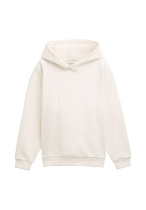 Hoodie en coton blanc avec une capuche à cordon de serrage, des poignets et un ourlet côtelés. Texture douce, coupe décontractée et sans motifs ni graphiques visibles.