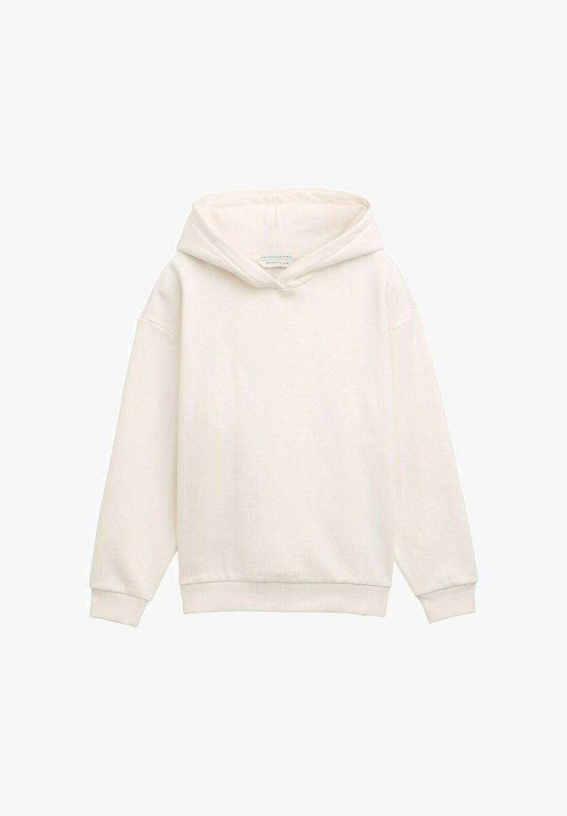 Felpa bianca in cotone con cappuccio regolabile, polsini e orlo a costine. Texture morbida, vestibilità comoda e nessun motivo o grafica visibile.