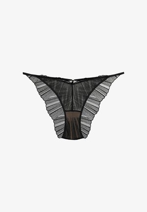 Black lace thong with ruffled edges, featuring sheer fabric and a solid brown panel at the back. Gold hardware at the center.