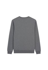 Sudadera gris de tela suave, con cuello redondo, mangas largas y puños y dobladillo de canalé. Vista trasera sin gráficos ni patrones.