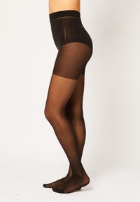 Collant neri a vita alta, caratterizzati da un materiale trasparente che si trasforma in un bordo opaco. Texture morbida con leggero lucore.