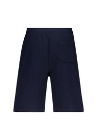 Tummansinisiä puuvillahousuja, joissa on joustava vyötärö, yksi takatasku ja suorat lahkeet. Pehmeä rakenne, rento muotoilu.