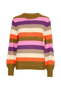 Maglione a righe in tonalità di arancione, rosa, viola, marrone e crema. Tessuto a maglia con polsini a costine e scollo rotondo.