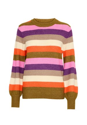 Pull rayé aux teintes d'orange, de rose, de violet, de brun et de crème. Texture tricotée avec des poignets côtelés et un col rond.