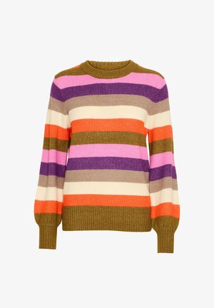 Pull rayé aux teintes d'orange, de rose, de violet, de brun et de crème. Texture tricotée avec des poignets côtelés et un col rond.