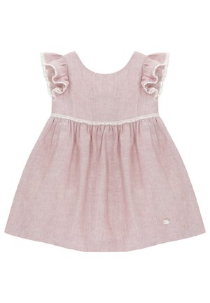 Vestido de bebé de lino rosa con mangas de encaje con volantes y falda fruncida, con un pequeño botón decorativo blanco cerca del dobladillo.