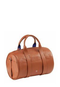 Borsa da viaggio in pelle marrone con interni blu, forma ovale, doppio manico e tasca laterale. Presenta un branding minimale in argento.