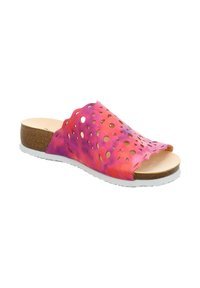 Rosa und lila Rutschsandale mit perforiertem Lederoberteil, gewelltem Rand, Korkfußbett und weißen Gummisohlen-Details.