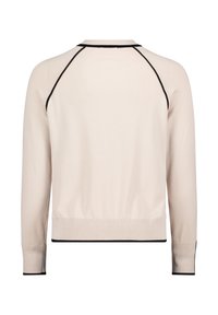 Light beige knitted sweater with black contrasting trim around the collar and cuffs, featuring a ribbed hem and raglan sleeves.