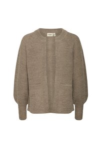 Cardigan marrón claro confeccionado con tejido de punto texturizado, que presenta un escote redondo, mangas largas, abertura frontal y dos bolsillos delanteros.