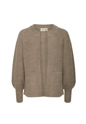 Kerged pruun kardigan, mis on valmistatud tekstuursest kudumist, ringkaelusega, pika varrukaga, avatud eesosa ja kahe esipocketiga.