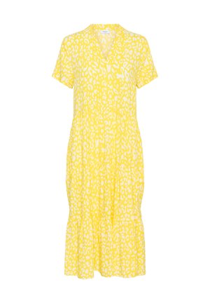 Gul klänning i lätt tyg med V-formad hals, korta ärmar och lös passform, prydd med ett vitt leopardtryck och flerlagd nederdel.