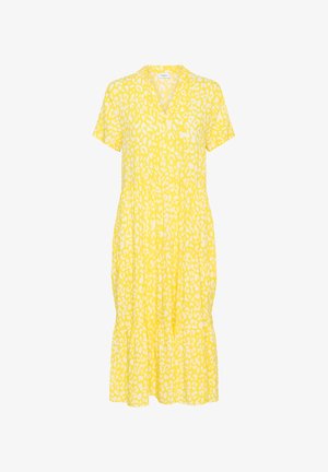 Gelbes Kleid aus leichtem Stoff mit V-Ausschnitt, kurzen Ärmeln und lockerer Passform, ausgestattet mit einem weißen Leopardenmuster und einem stufigen Saum.