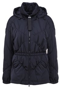 Schwarze Puffjacke mit hohem Kragen, Reißverschluss und verstellbarem Kapuzenzug. Mit gestepptem Design und elastischem Bund für eine optimale Passform.