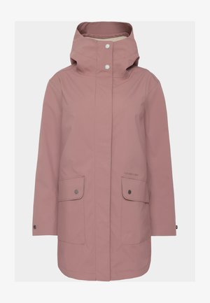 Roze waterdichte jas met een capuchon, drukknopen, twee voorzakken en een gladde textuur. Eenvoudig ontwerp met minimale details.