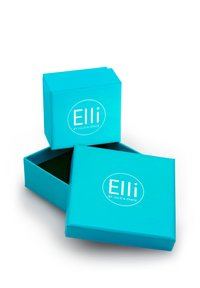 Tyrkis gaveæske med hvidt cirkulært logo "Elli by Julie & Grace." Har et aftageligt låg og grøn indvendig. Rent, geometrisk design.